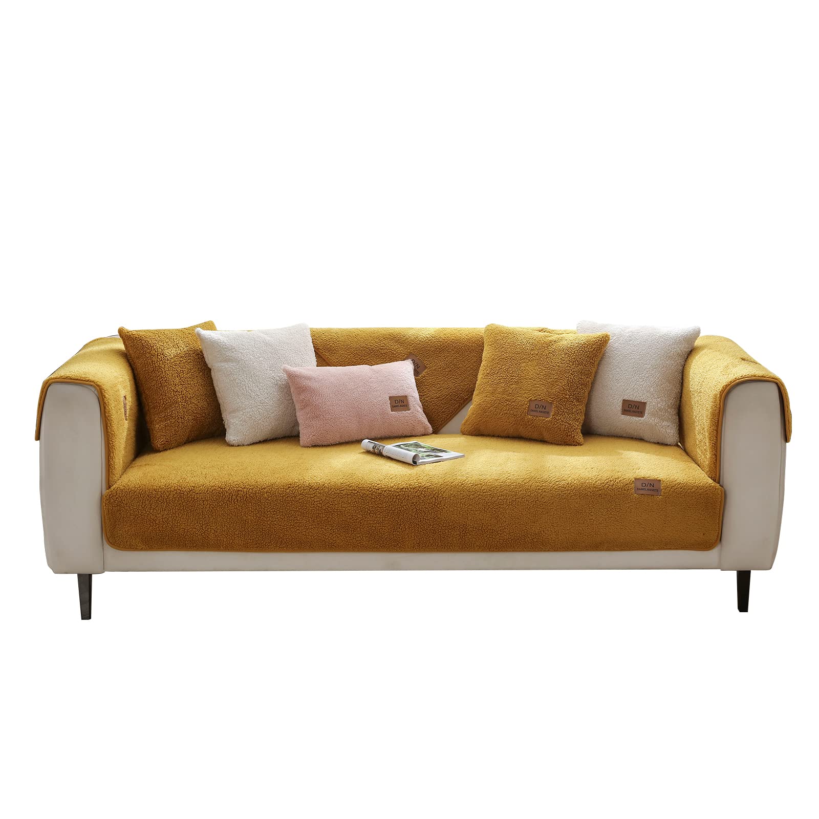 VanderHOME Sofa Cover 1 2 3 4 Seater, Lambswool Couch Cover,Universal Non-Slip Corner Sofa Cover L Shape Super Soft Autumn Winter Sofa Slipcovers for Living Room70*150cm-Yellow-Backrest (1 PC)