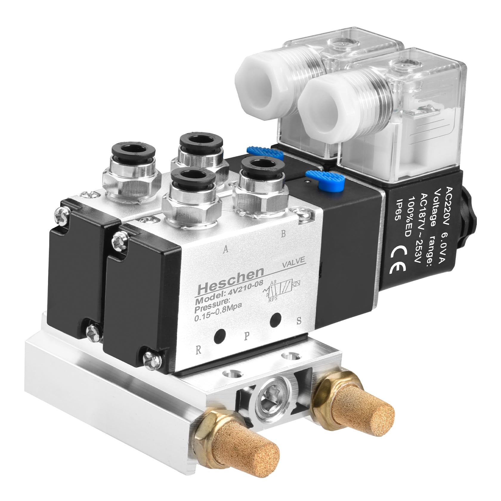 Heschen Electrical Pneumatic Twin Solenoid Valve 4V210-08 220VAC PT1/4 5 Way 2 Position Manifold Base, Muffler, Quick Fittings Set