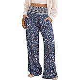 Dokotoo Women's Summer Boho Floral Bagyy Pants Wide Leg High Smocked Waist Casual Loose Palazzo Pants with Pocket