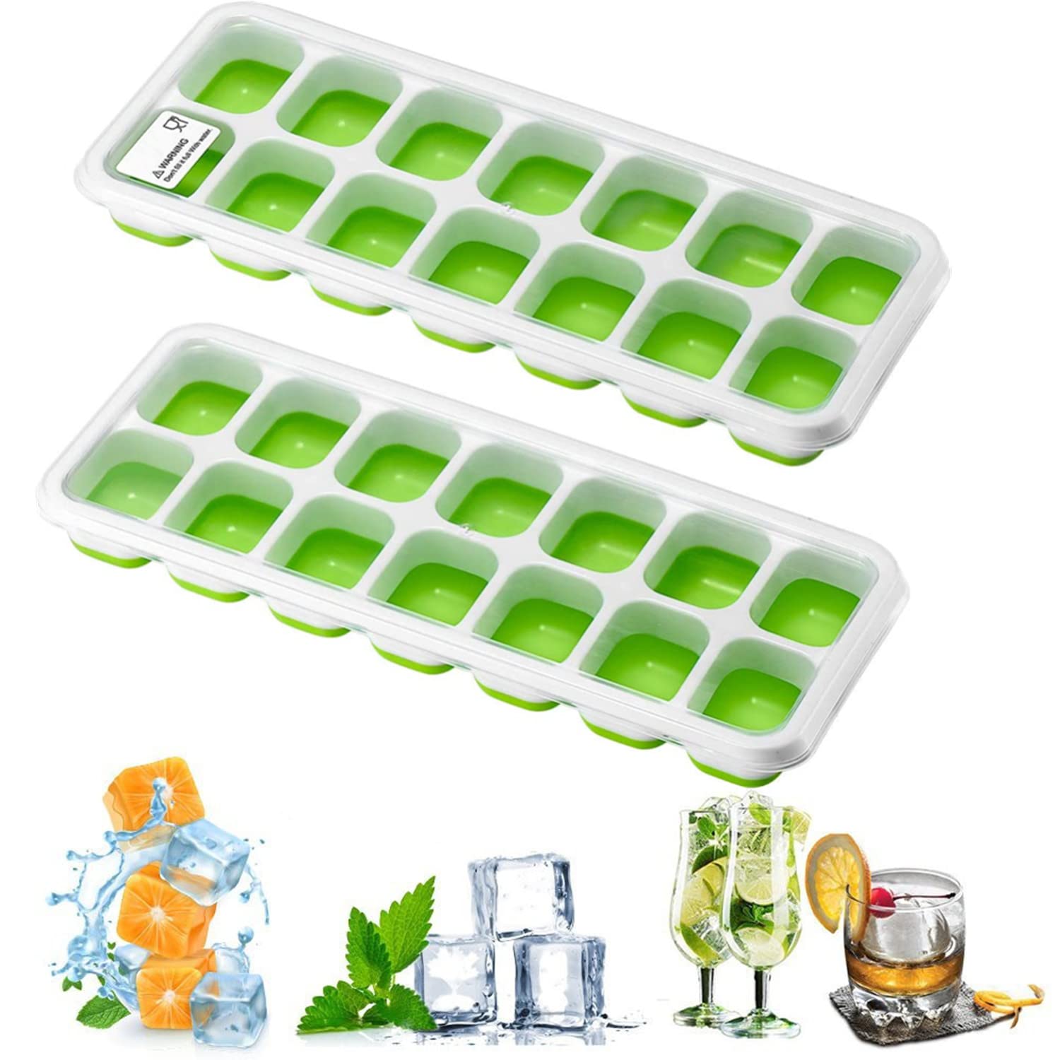 2 Pack Ice Cube Trays with No-Spill Removable Lid, Lfgb Certified BPA Free Moulds,Easy-Release Silicone and Flexible 28-Ice Trays,Best for Freezer,Baby Food,Water,Whiskey,Cocktail and Other Drink