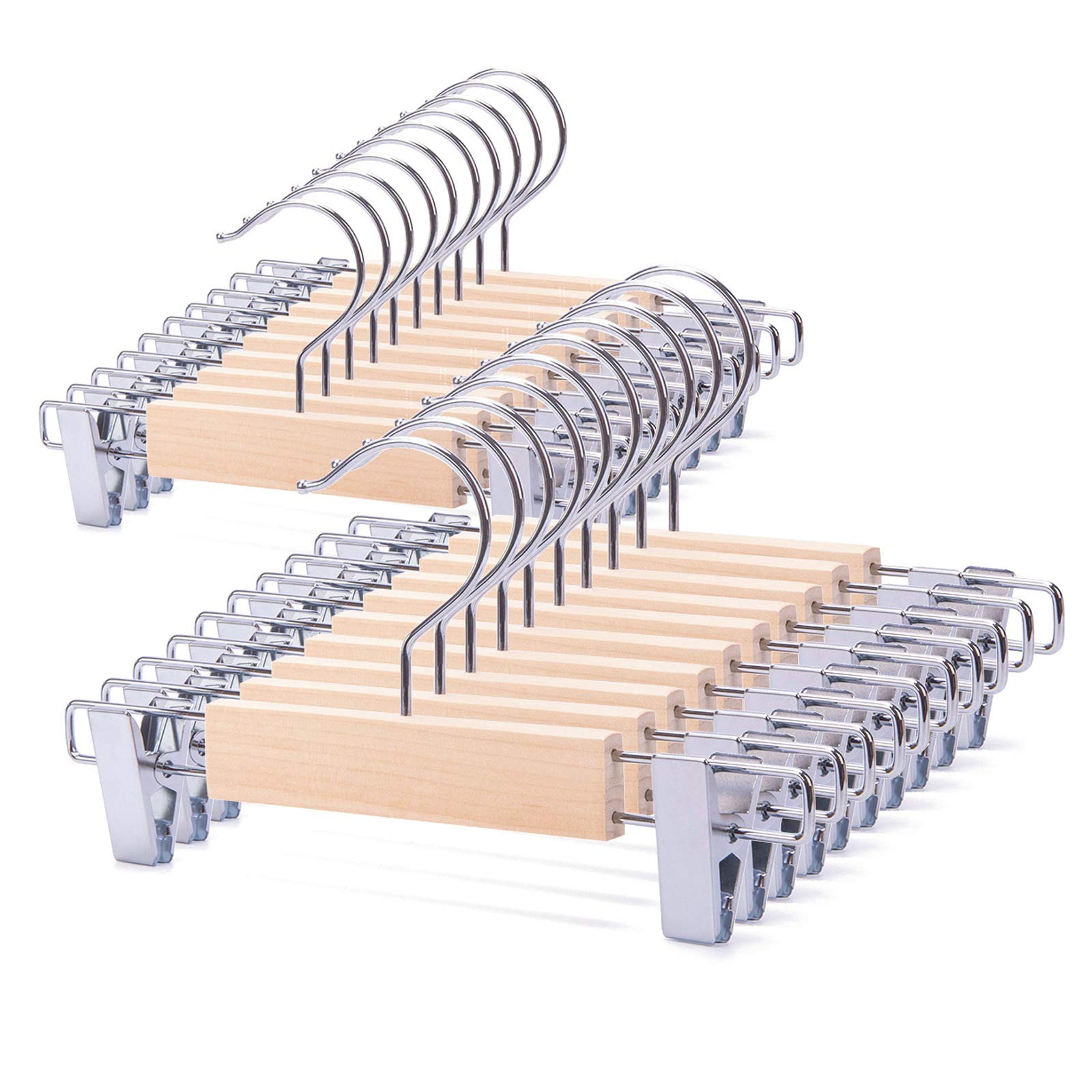 Nature Smile 20 Pack Unfinished/Natural Kids Baby Toddler Infant Children Solid Wooden Pants Skirts Hangers Wood Trousers Bottom Hangers with 2-Adjustable Clips 360ｰ Stronger Swivel Hook
