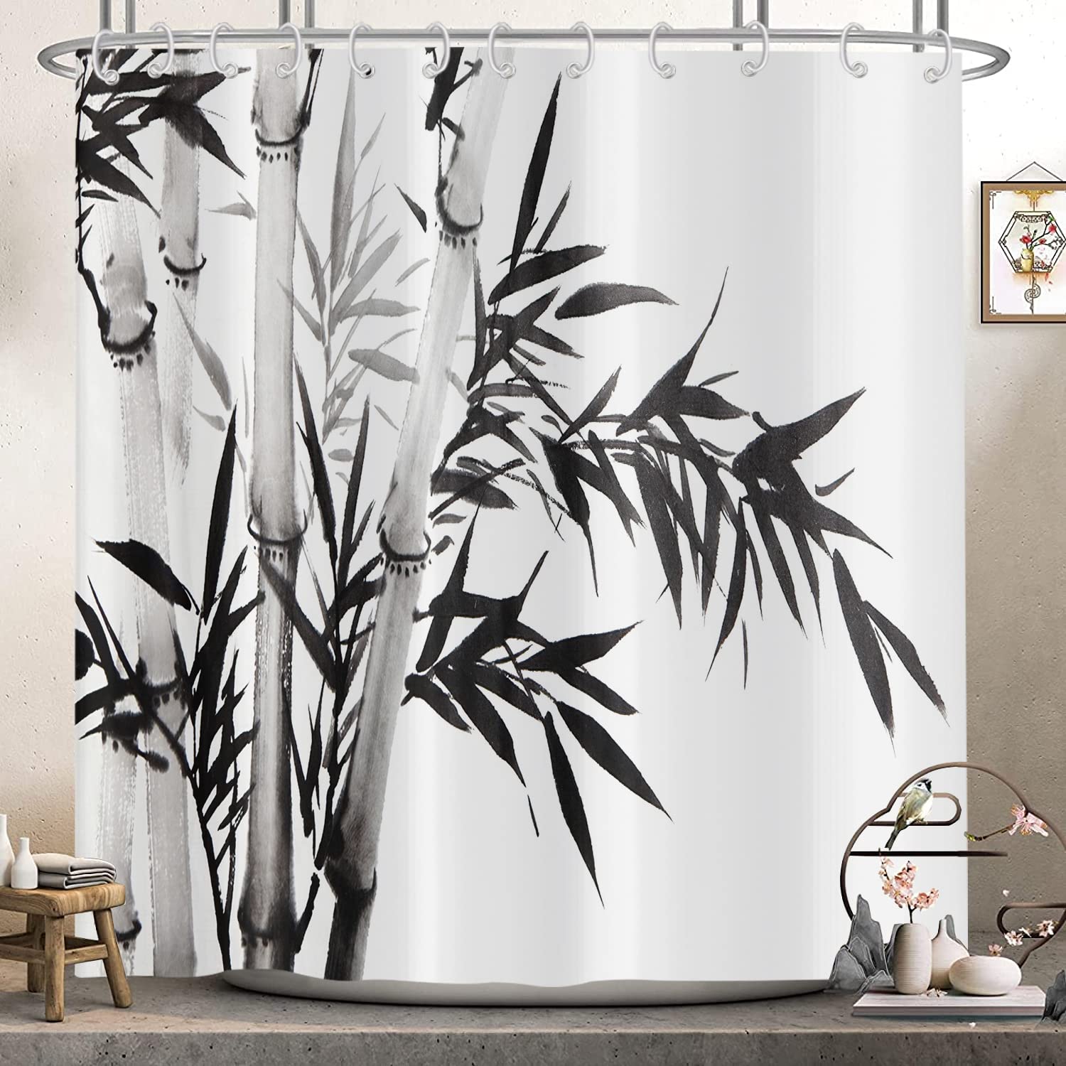 Hnmdmyi Bamboo Shower Curtain 180x180, Grey Plant Shower Curtains Traditional Chinese Calligraphy Style Culture Theme Bathroom Curtains Waterproof Polyester Fabric Washable Bath Curtains with Hooks