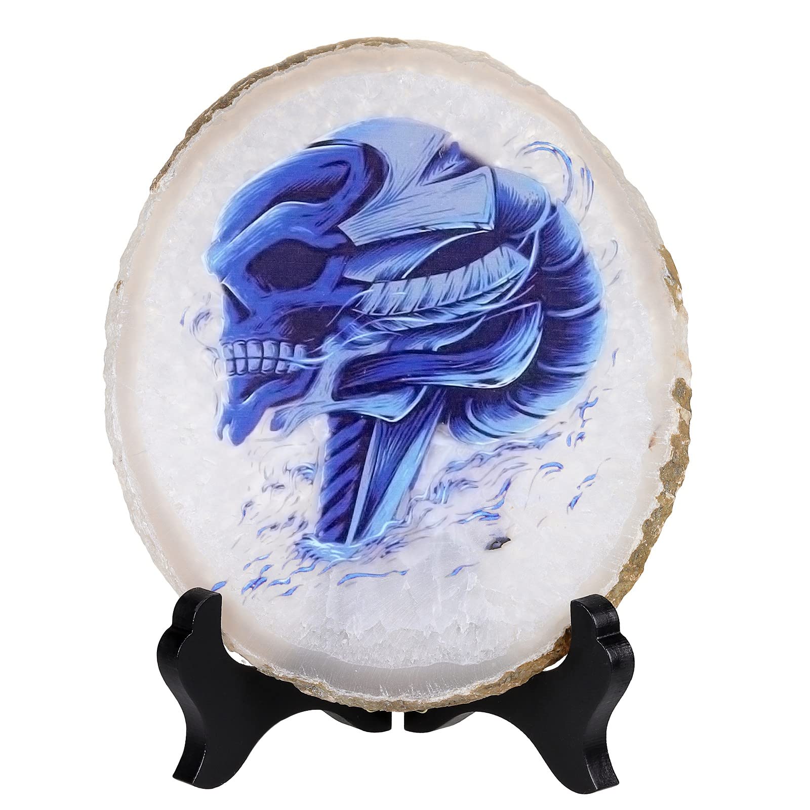 KYEYGWO Natural Irregular Agate Slice Painting Decor with Wooden Stand Agate Geode Slab for Desk Hallway, Blue Skull