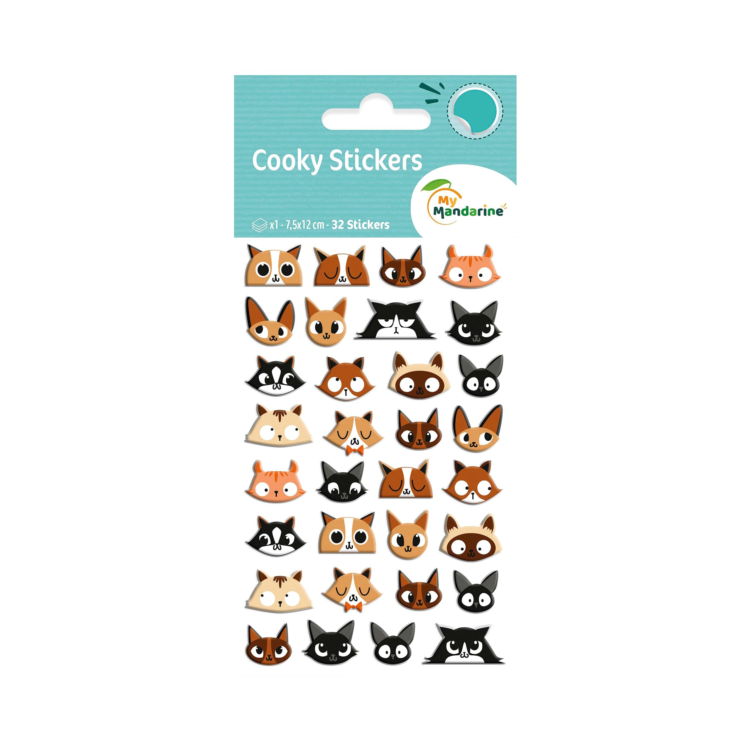 Maildor CY032Opack - Cooky 3D Stickers - LOT of 10 Sheets 12x8 cm - 320 Stickers - CAT Faces Theme - Children's Arts and Crafts Accessories - Creative Leisure