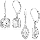 2-4 Pairs Dangle Earrings Set White Gold Plated Round Square Heart Cut Clear Cubic Zirconia Halo Drop Earrings for Women