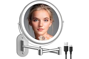 FAMIHOMII Rechargeable Wall Mounted Lighted Makeup Vanity Mirror 8 inch 1X/10X Magnifying Bathroom Mirror with 3 Color Lights, Double Sided with Dimmable LED Lights, Extended Arm 360° Swivel Extension Mirror