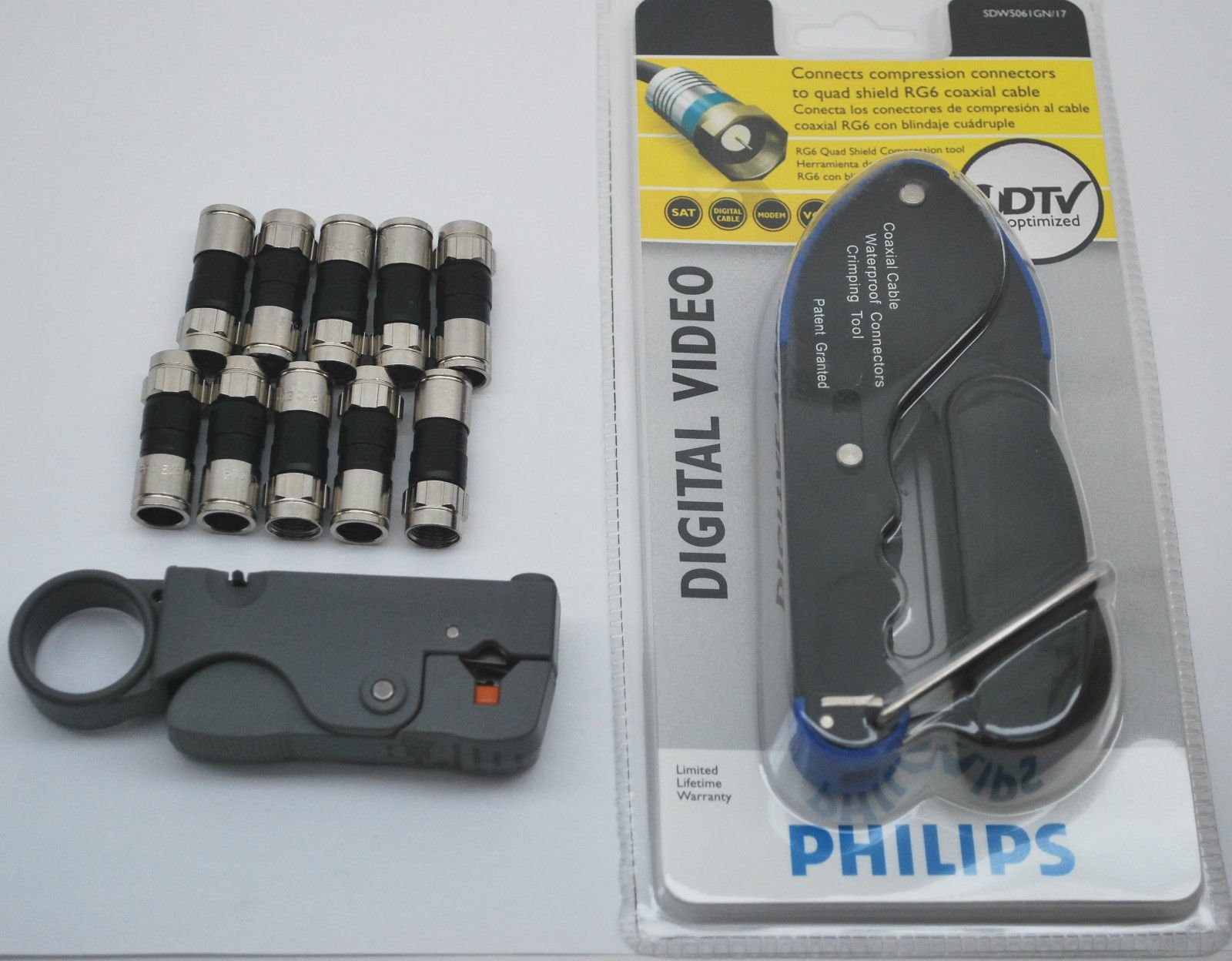 RG6 Coaxial Compression Tool & 10 PPC CONNECTORS & COAX STRIPPER TOOL