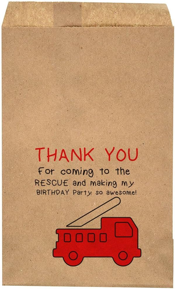 Thank You for Coming to The Rescue and Making My Birthday Party So Awesome - Firetruck Birthday Party Favor Bag - Candy Bar โ Treat Table โ Candy Buffet - 6.25โ x 9.25โ Brown Kraft Bags โ (20 Pack)