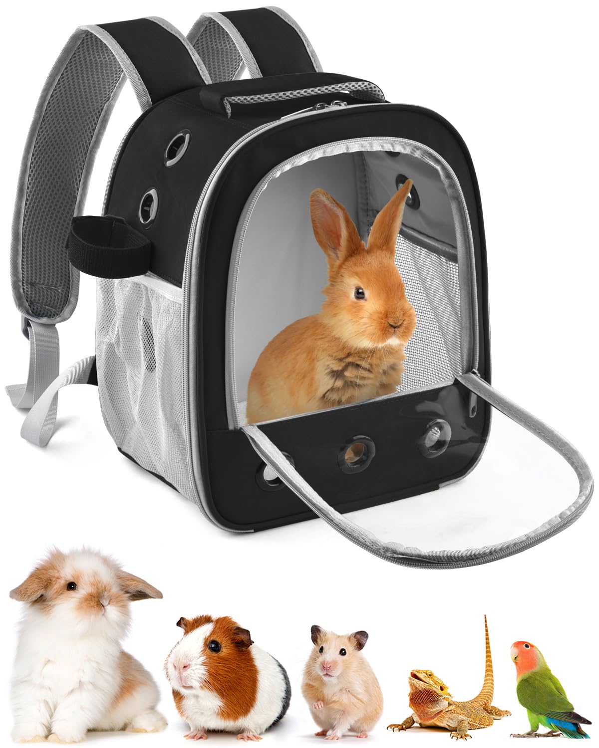 Photo 1 of DBNESS Guinea Pig Carrier Backpack, Portable Rabbit Travel Carring Bag for Pet Bunny Chinchilla Bearded Dragon Hamster Parrot Outgoing Pouch Case with Water Bottle Holder & Detachable Pad (Black)