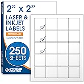 2" X 2" Square Printable Labels for Inkjet and Laser Printers - 250 Sheets, 5000 Matte White Custom Stickers for Business Logos, QR Code Stickers, Product Labeling - Spartan Industrial Template S002