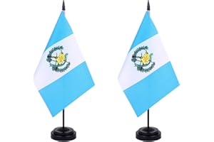 WXTWK 2 Pack Guatemala Flag Guatemala Deluxe Desk Flag Set - Mini Small Guatemalan Table Office Flags with Black 12" Solid Pole Stand Base Classroom Meeting Desktop Decorations