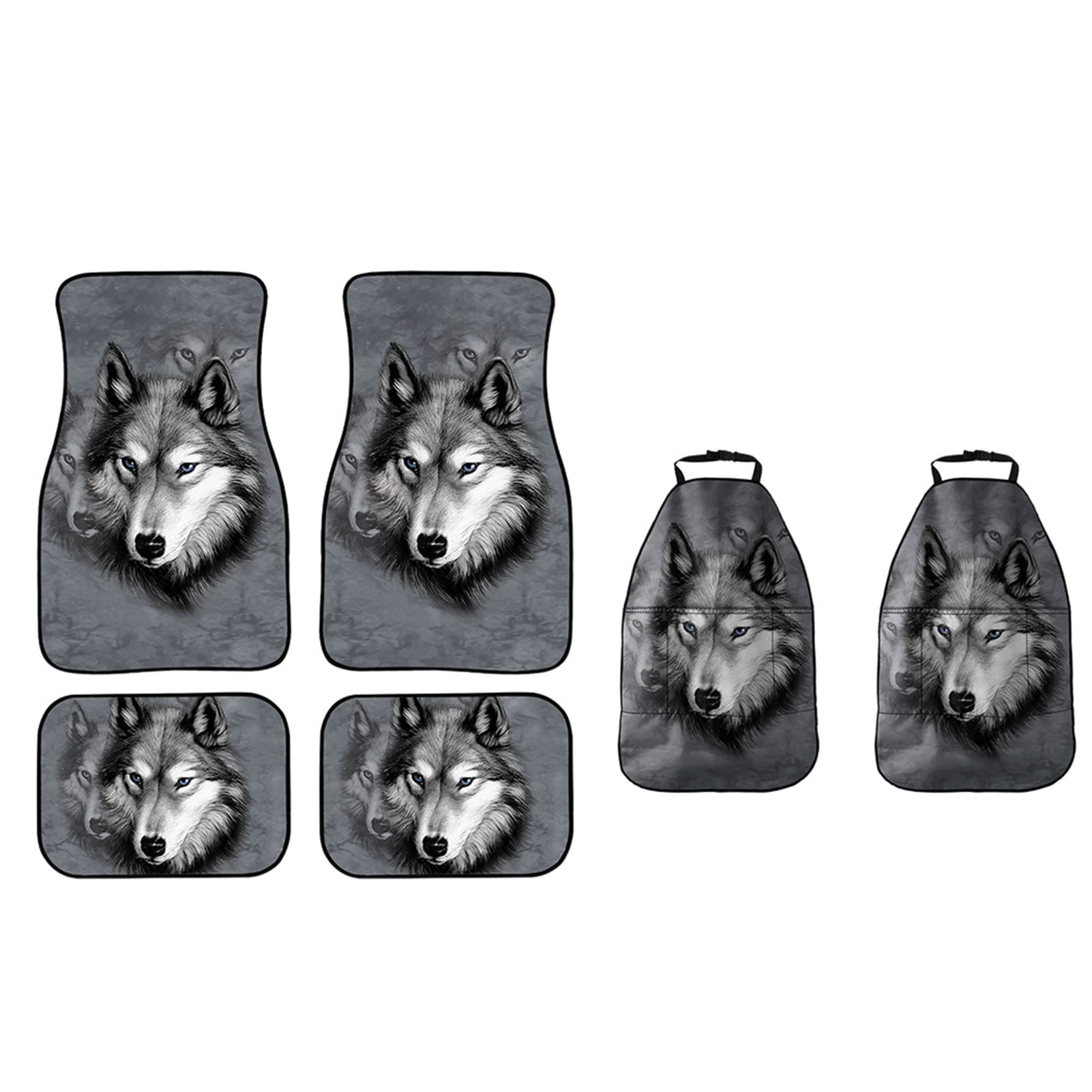 HUGS IDEA Universal Fit Full Set Foot Mats Car Organiser, Grey Wolf Cool Animal Print Car Seat Back Organizer with Hidden Phone Holder, Car Seat Organiser for Tissue Box,toy,Baby Product
