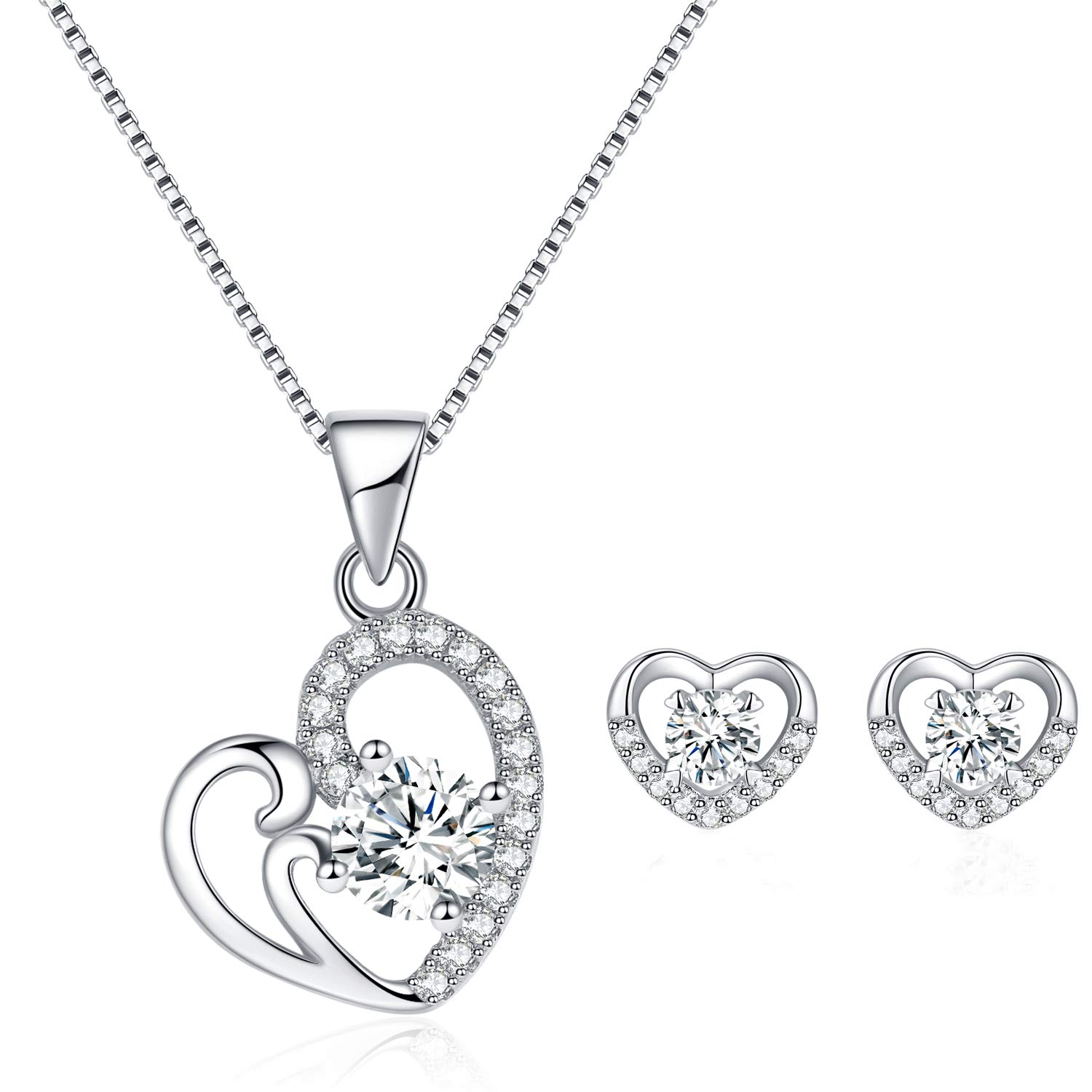 GULICX Silver Jewellery Sets for Women, 925 Sterling Silver Heart Stud Earrings & 45cm Pendant Necklace Set with 3A Cubic Zirconia, Allergy Free Birthday Wedding Party Jewellery Gift for Her Women