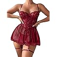 Lilosy Sexy Garter Belt Mesh Lace Babydoll Lingerie Dress Set with Thong