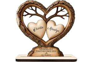Personalized Growing Old Together Hear Tree Hollow Valentines Couple Wooden Sign Plaque Desk Figurines, Custom Valentines Day