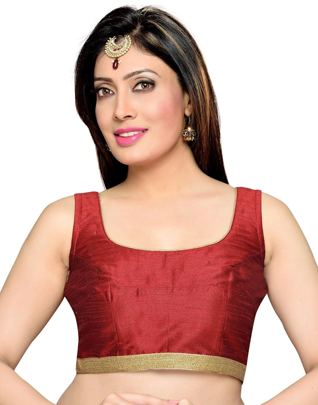 studio shringaar party maroon polyster non-padded blouse