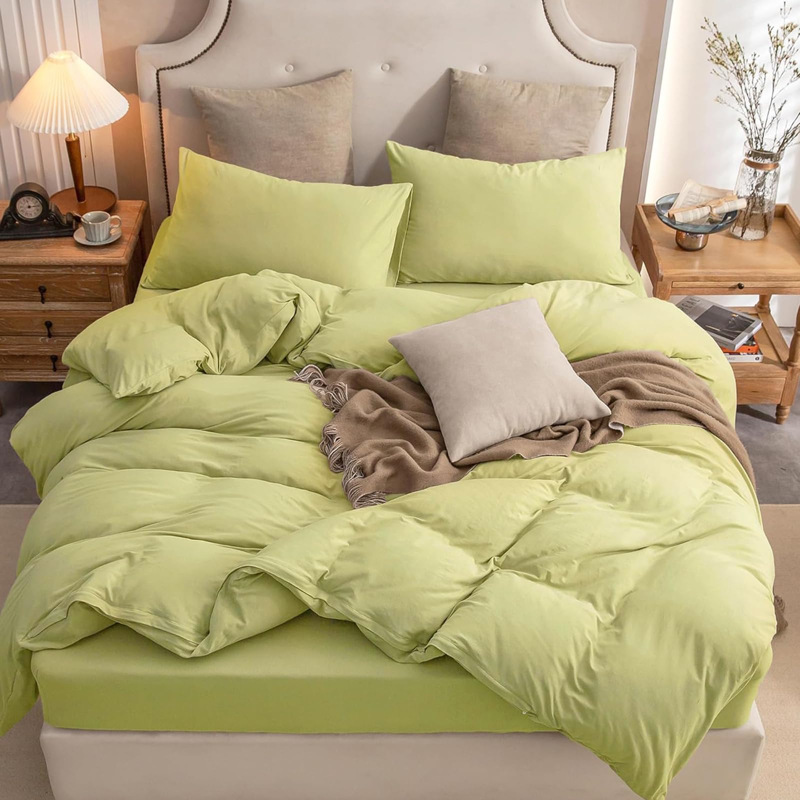 Photo 1 of PURE ERA Jersey Knit Duvet Cover Set 100% T-Shirt Cotton Super Soft Comfy 3pc Bedding Set with Zipper Closure (Solid Yellow Green, Cal King)