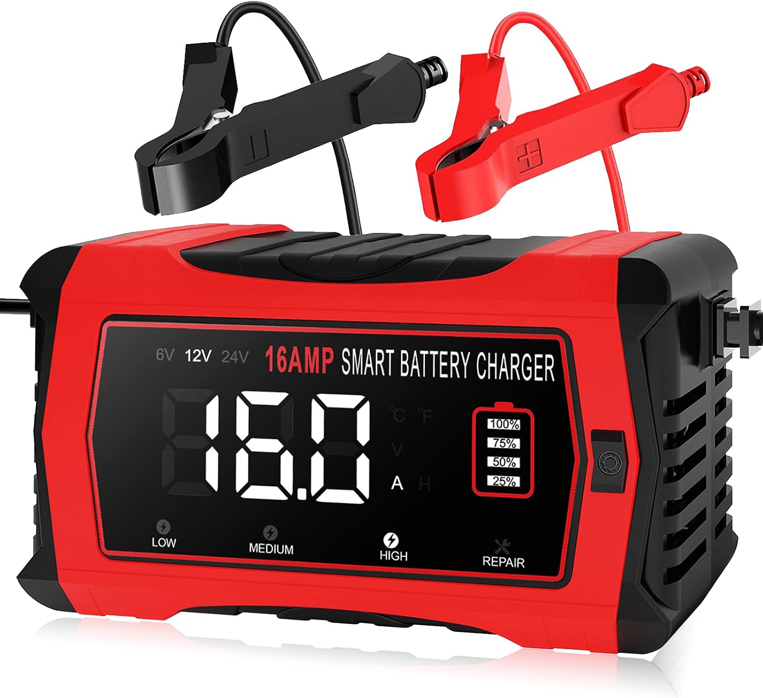 16-Amp Battery Charger, 12V 24V Lithium LiFePO4 Lead Acid Car Battery Charger 10-Stage Trickle Charger Smart Battery Maintainer w/Temp Compensation for Car Truck Lawn Mower Boat Marine