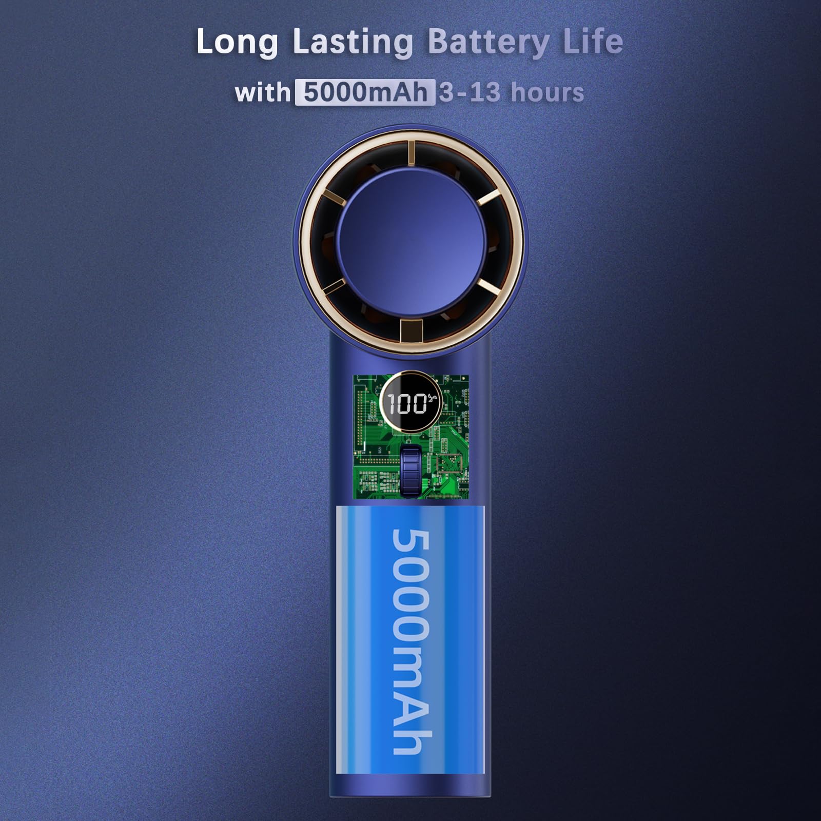 Handheld Fan, 1-100 High Speed Adjustable Turbo Mini, 5000mAh Rechargeable With Digital Display for Travel/Camping/Outdoor/Home/Office (Blue)