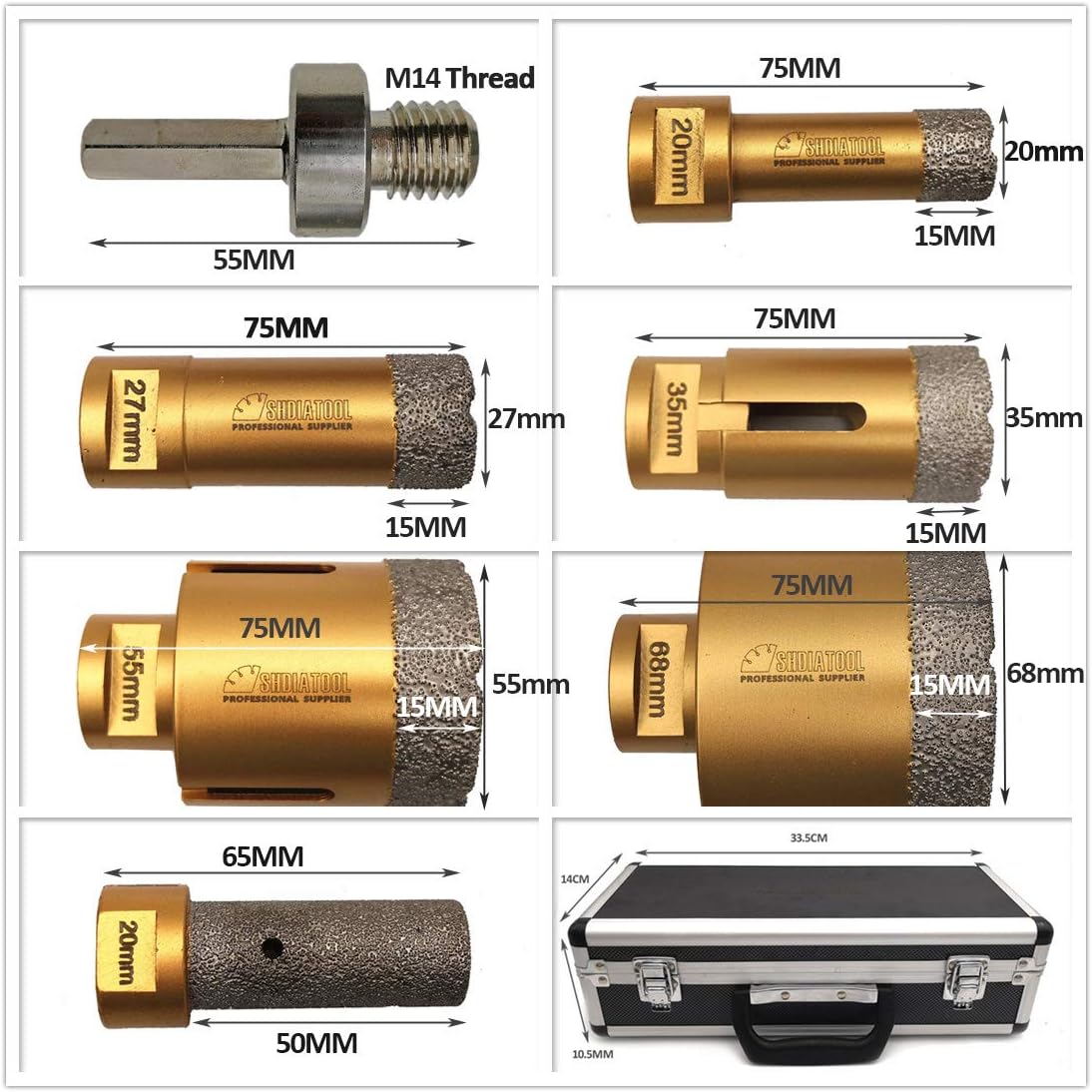 SHDIATOOL Diamond Drill Core Bits Kit with Box 20/27/35/55/68mm and a 20mm Finger Bit an Adapter for Tile Porcelain Granite Marble-Set of 7 - Image 3