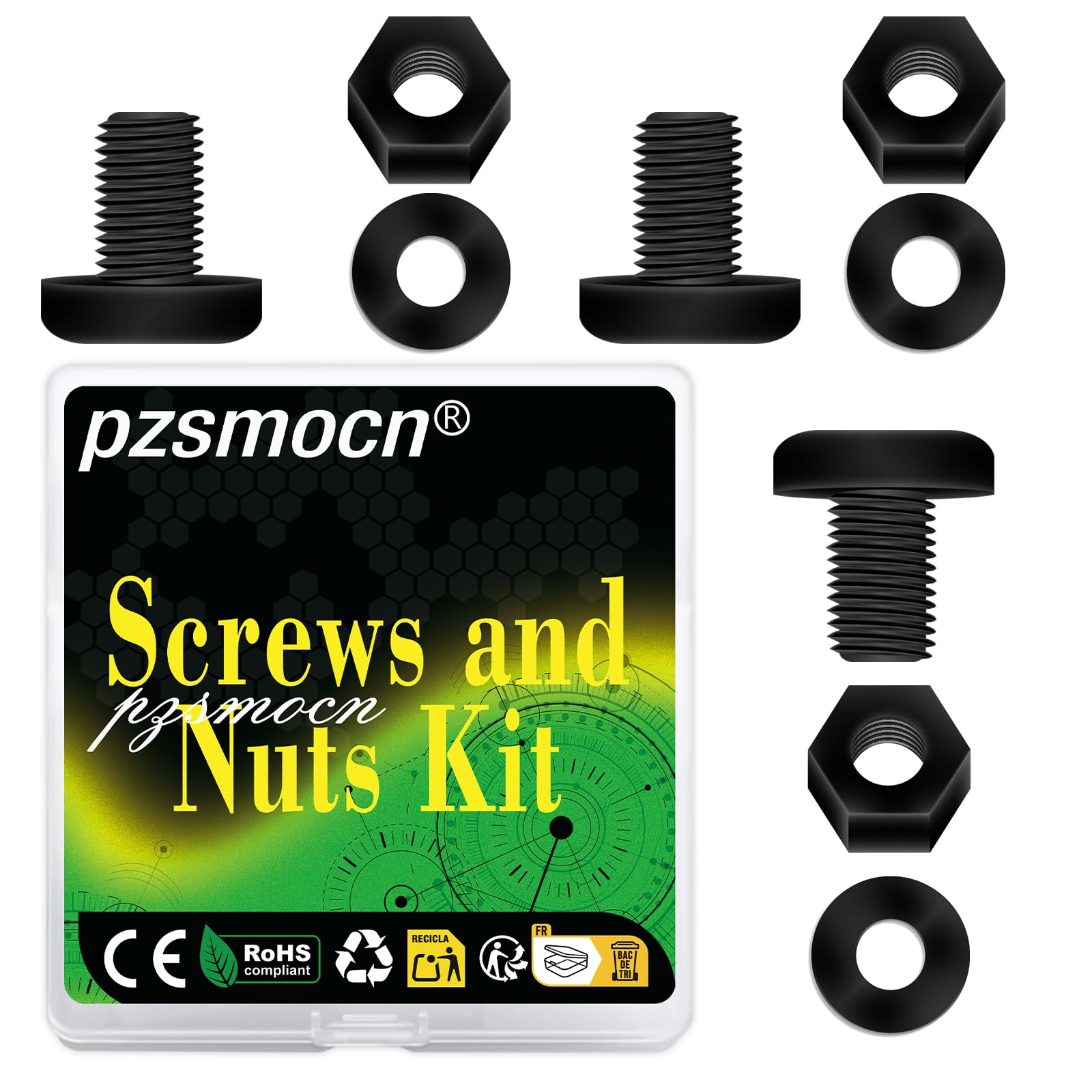 Pzsmocn 150 Pieces/50 Sets M6*8 mm Plastic Black Nylon Cross Round Head Screw Hexagonal Nut Combination Kit, with Insulating Washers, Standard Size, For DIY and Electronic Assembly.
