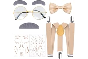 MATINIY 5 PCS Old Man Costume Grandpa Set Include Glasses Suspenders Bowtie Mustache Tattoos Stickers