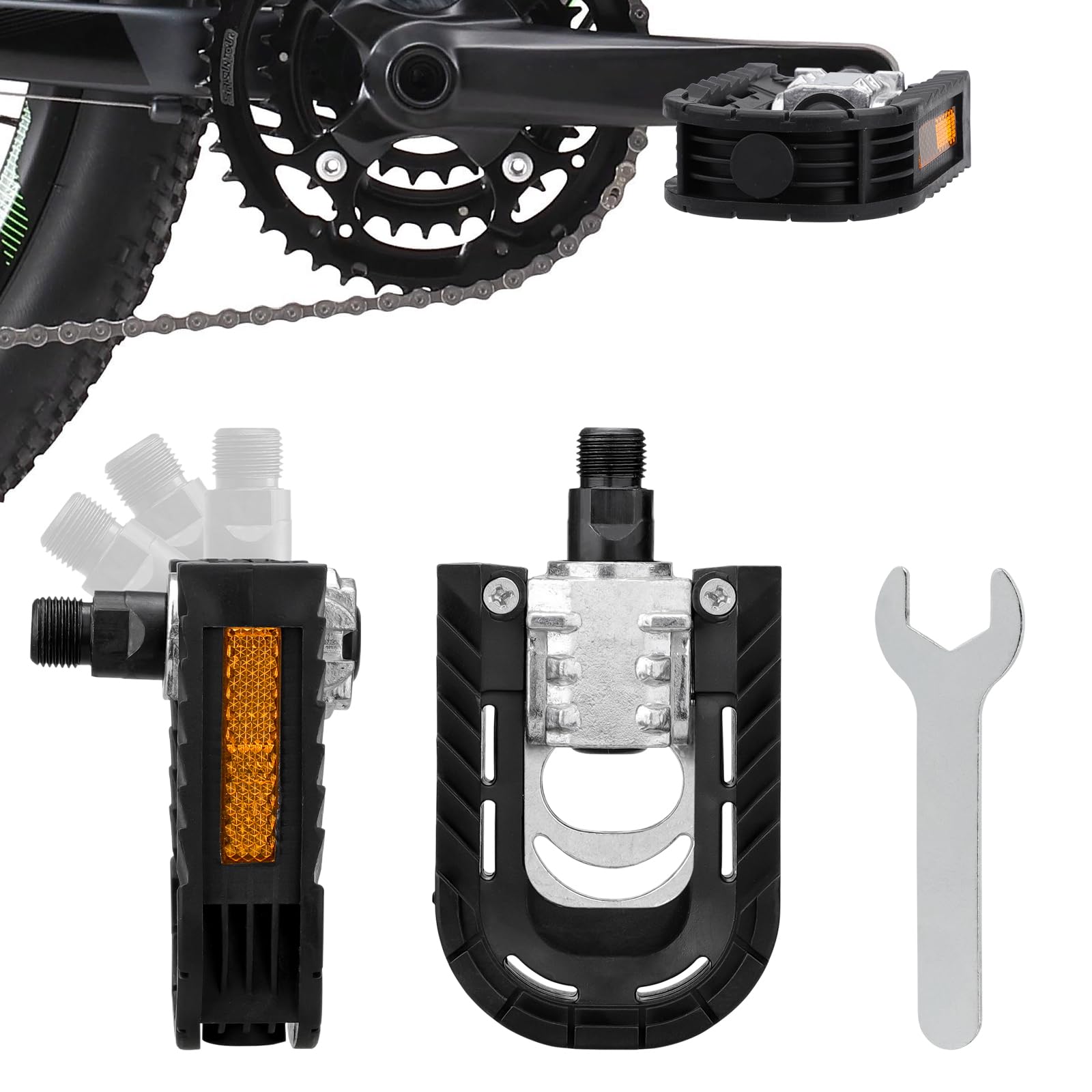 Kigniote Folding Bicycle Pedals 1 Pair Bike Pedals with Reflectors Φ. 14mm(9/16") Bicycle Pedals Non-slip & Anti-Rust Pedals with Wrench for Pedelec MTB Folding Bike Road Bike