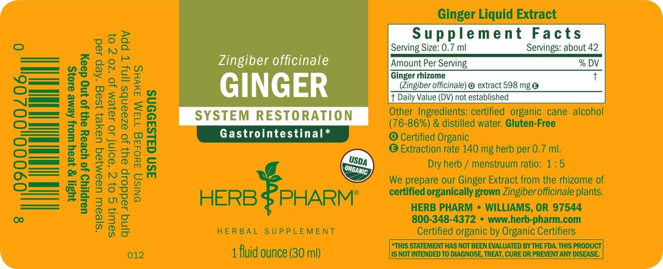 Herb Pharm Certified Organic Ginger Liquid Extract for Digestive Support - 1 Ounce (DGINGER01): Health & Personal Care