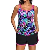 Aqua Eve Tankini with Shorts - 2 Piece Tummy Control Swimsuit V-Wire Tank Top with Boyhorts Bathing Suit with Side Pockets