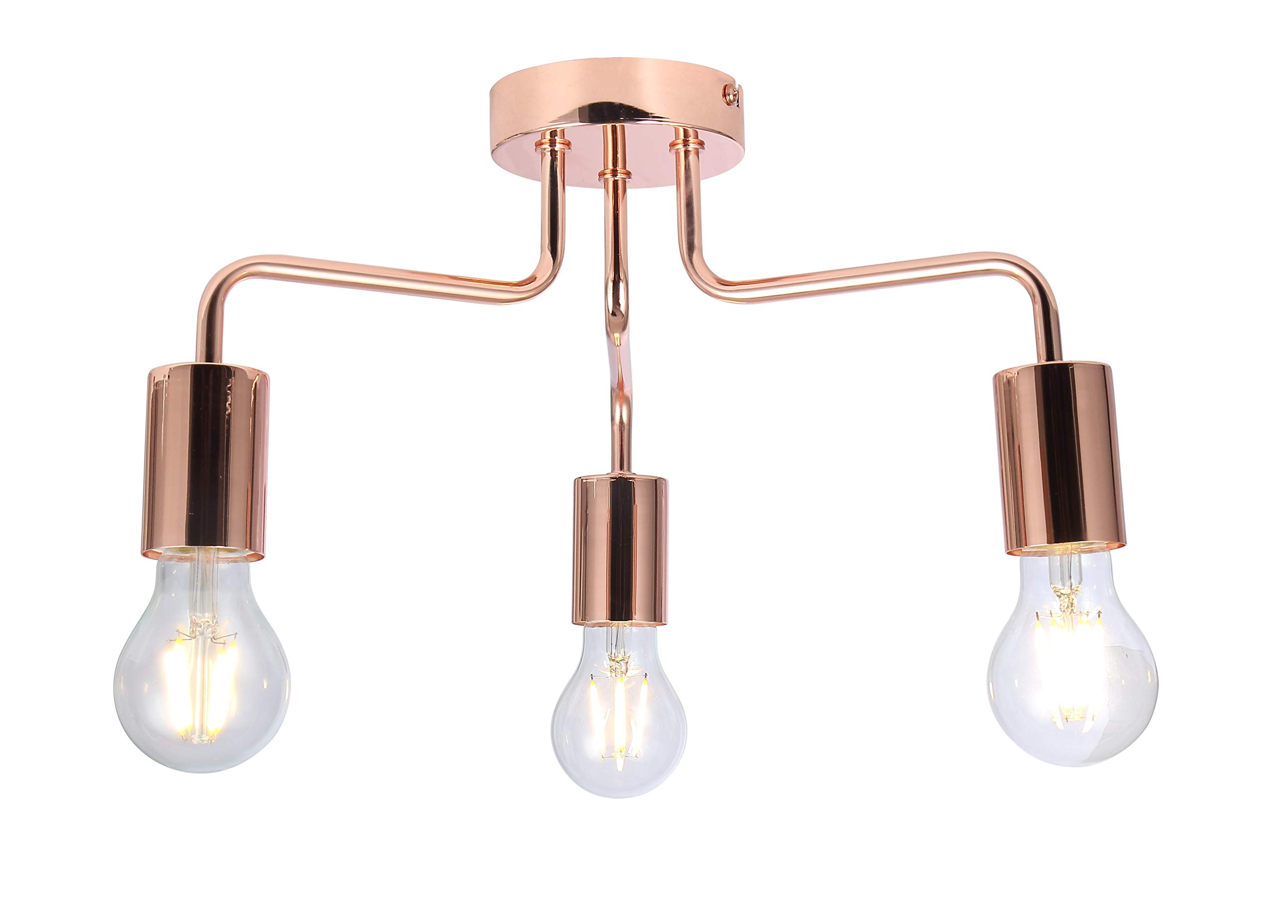 UKEW 3 Way Retro Ceiling Light - Copper Vintage E27 LED Compatible Semi Flush Arm Lighting Fixtures for Modern Kitchen Bedroom Lounge
