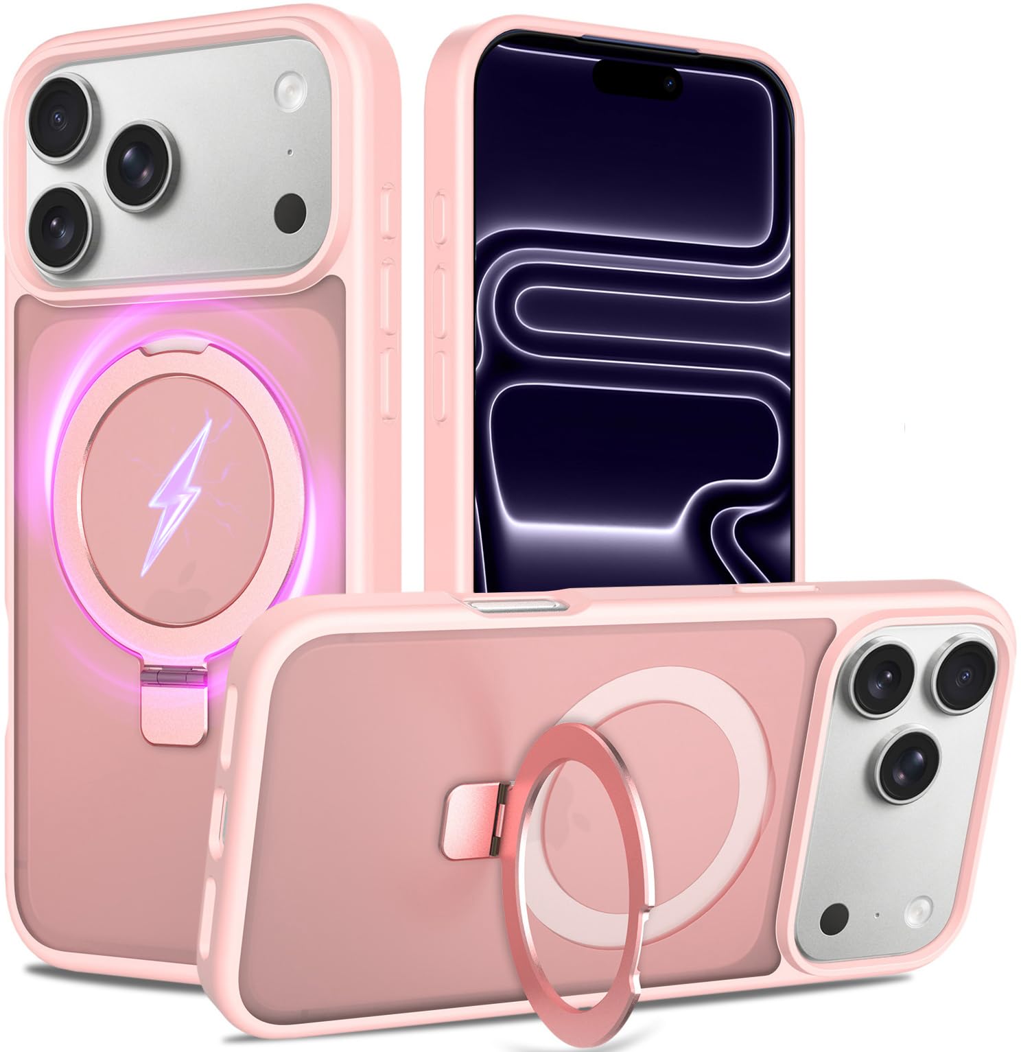 iYavvort Ultra-Magnetic Stand for iPhone 17 Pro Case [Military Drop Protection] [Compatible with MagSafe] Shockproof Translucent Matte Slim Ring Holder Case for iPhone 17 Pro (Pink)
