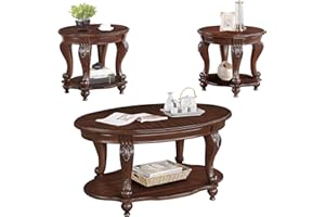 LKTART Wood Coffee Table Set with Storage Shelf Oval Coffee Tables and Round Side Table for Living Room Farmhouse, Antique Elegant Carved Legs, Easy Assembly, Cherry