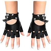 Skeleteen Fingerless Faux Leather Gloves - Black Biker Punk Gloves with Belt Up Closure and Rivet Design for Women and Kids