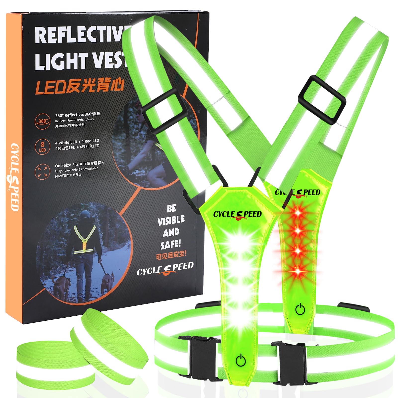 CYCLESPEED LED Running Vest with Red Back Light, High Visibility Running Lights for Runners, Elastic Adjustable Night Walking Light Up Vest, USB Rechargeable Running Gear for Jogging Walking (Green)