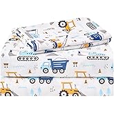 lasoftan Kids Sheet Set Twin Size 3 Pcs, Boys Sheet Set with Blue Excavator Car Pattern,Kids Boys Twin Fitted Sheet,Breathable & Silky Soft Microfiber Fitted Sheet