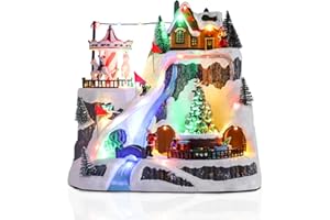 VCUTEKA Christmas Village Collectible Building, Snowy Mountain with Ski Slopes, Carousel and Revolving Train Lighted Musical Village Addition to Your Christmas Indoor Decor