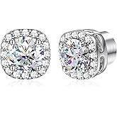 GEMQUEEN Moissanite Magnetic Earrings for Men : 18K White Gold Plated Hypoallergenic Stainless Steel Non Piercing Clip on Fake Earrings Studs Halo Round Square Diamonique Earring Women D Color VVS1