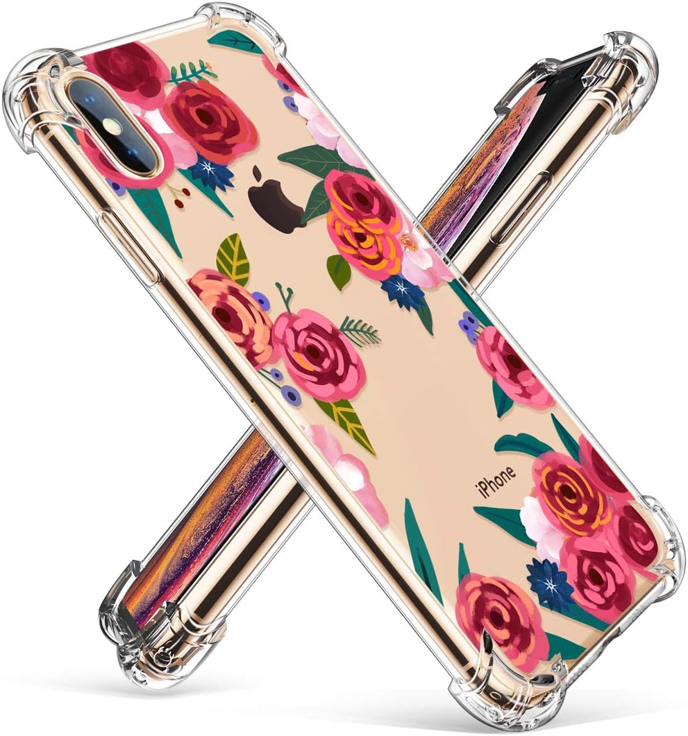 GVIEWIN iPhone Xs/iPhone X Case, Clear Flower Pattern Design Soft & Flexible TPU Ultra-Thin Shockproof Women Floral Cover Case for iPhone X/iPhone Xs 5.8 Inch (Rose Blossom/Red)