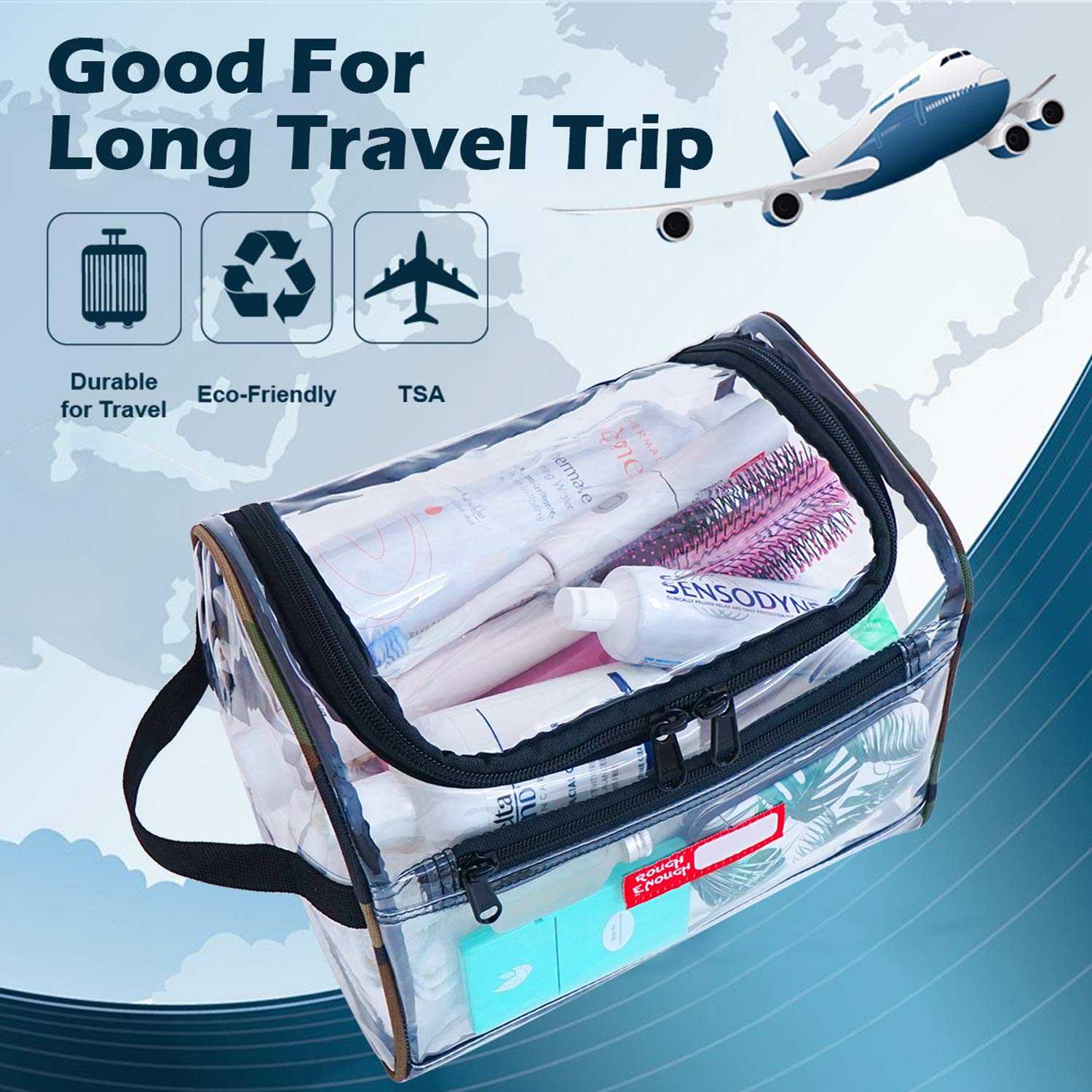 Rough Enough Large Clear Toiletry Bag Cosmetic Travel Makeup Organizer Wash Bags Pouch Luggage Dopp Kit Box Set with Zipper for Travel Accessories Essentials Trip Airport Big Shampoo Brush