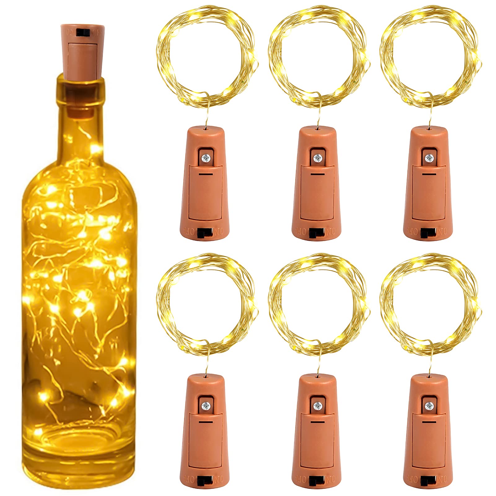 Yizhet Bottle Lights with Cork, 6 Pcs Cork Lights for Bottles 2M 20 LED, Battery Operated Copper Wire Cork Fairy Lights for Wine with Stopper for Wedding DIY Table Centrepieces Christmas (Warm White)