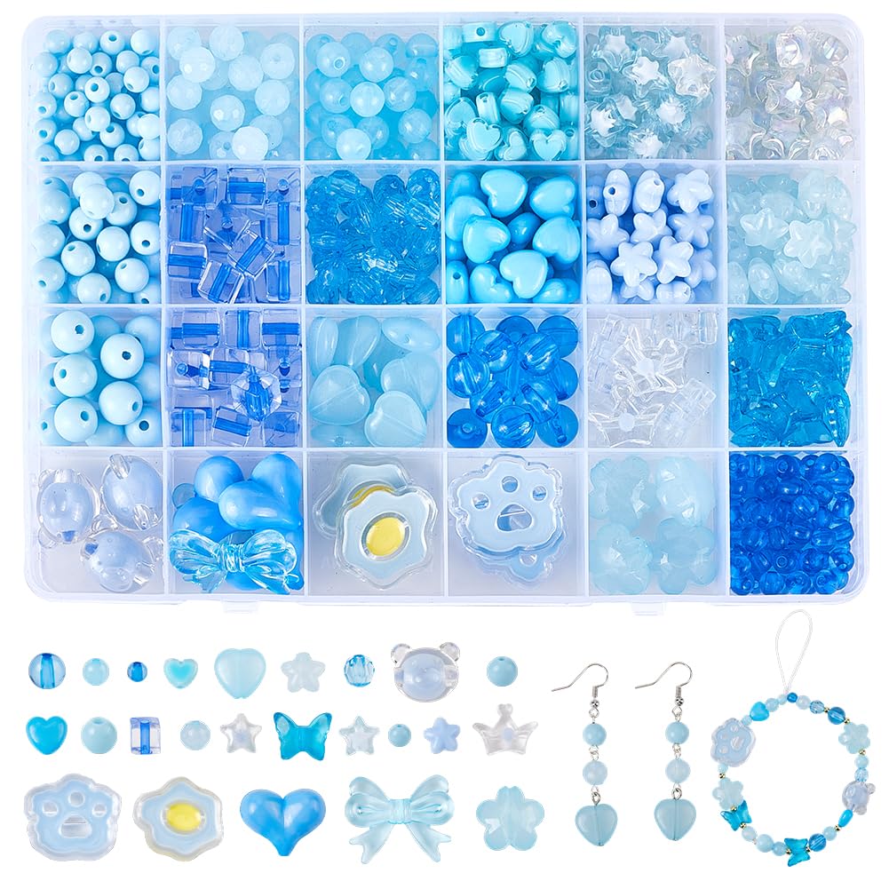 SOFPLATE 1 Box 539Pcs Blue Acrylic Assorted Beads Cute Aesthetic Beads Bulk Butterfly Heart Flower Stars Bear Kawaii bead kits for Jewellery Making Supplies DIY Bracelets Necklaces Crafts Phone Charm