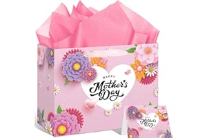 YOIRRAT Mother's Day Flower Gift Bags Pink Purple Happy Mother's Day Floral Gift Bags with Handle Large Mothers Day Paper Bags Gift Bags with Wrapping Paper Card Mothers Day Gifts Treat Bags Party Supplies