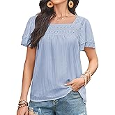 Falechay Womens Tops Summer Boho Blouses Short Sleeve Square Neck Crochet Lace Trim Casual Chiffon Shirts Double Layers