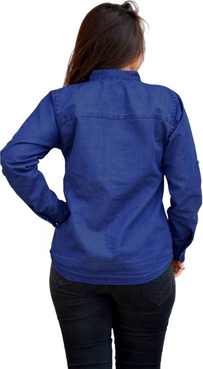 trendy frog women long sleeve solid denim shirt top, blue