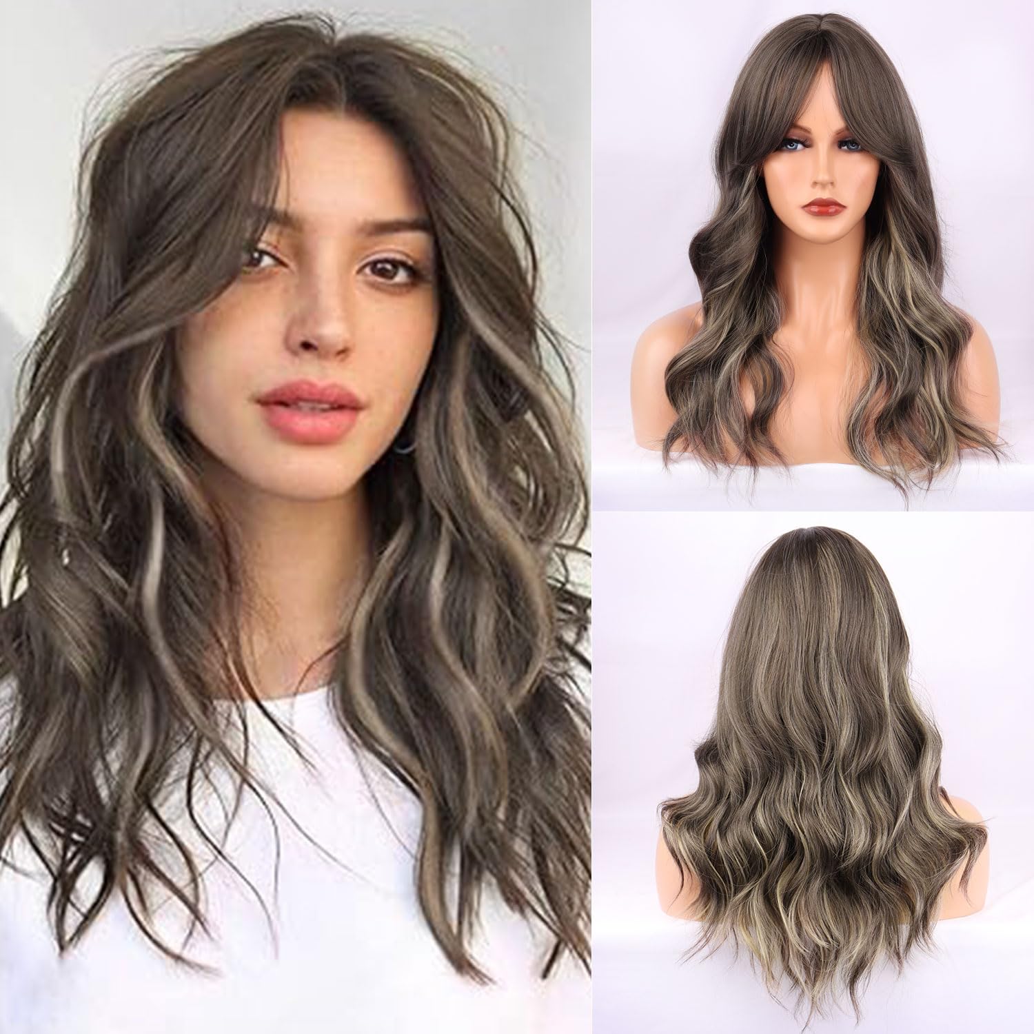 Fulang Hair Long Wave Brown with Blond Wigs for Women Long Curly Wigs with Bangs Synthetic Hair Heat Resistant Wig for Daily Party Cosplay Use