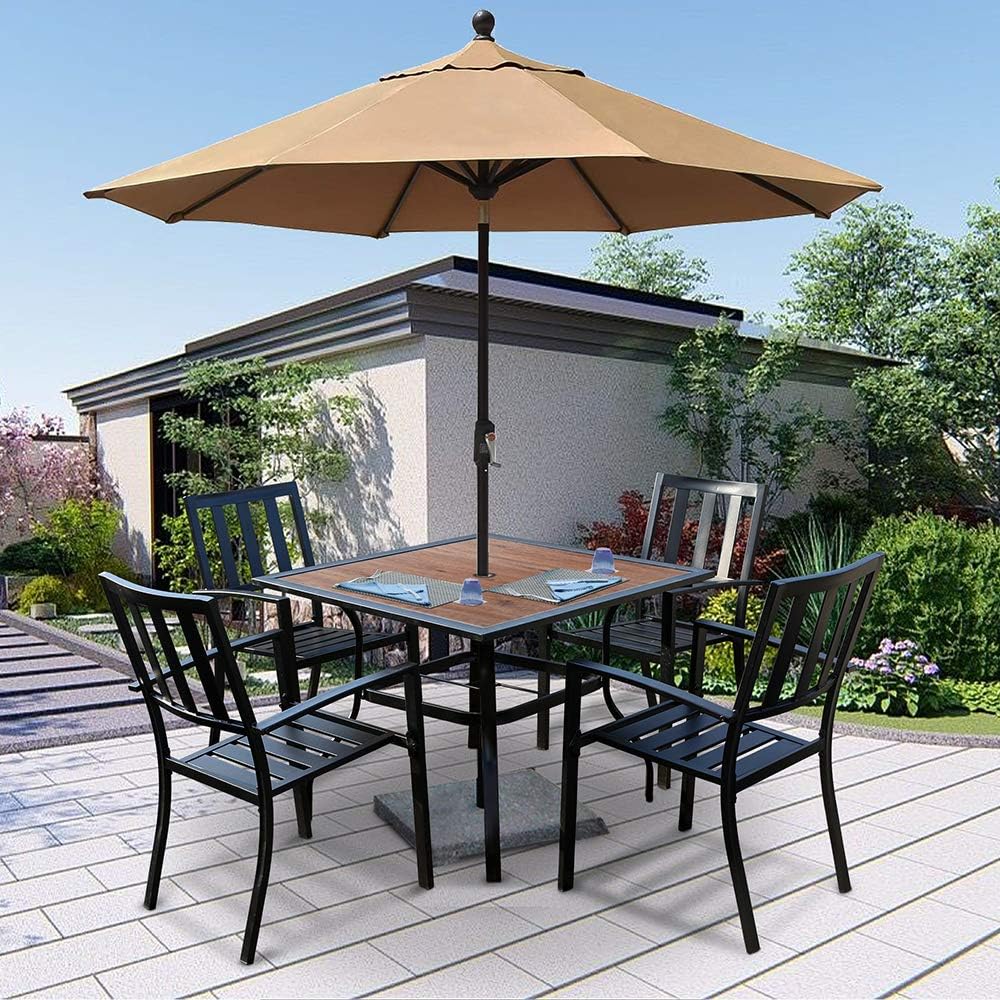 EMERIT Outdoor Patio Dining Table Square Metal Table with Umbrella Hole and Wood-Like Tabletop: Kitchen & Dining