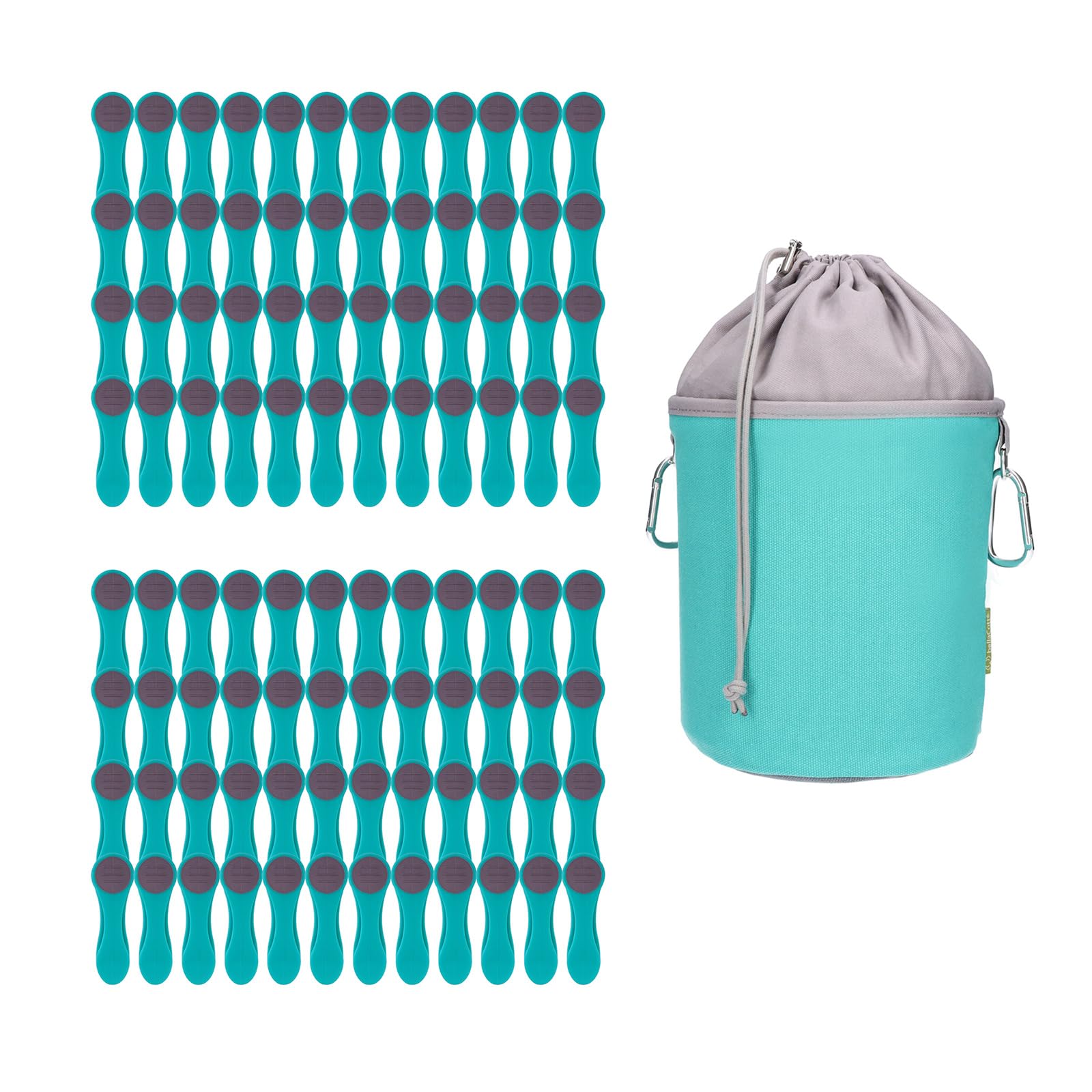 96 Clothes Pegs with Compression Springs Made of Stainless Steel, Soft Touch Turquoise, 1 Canvas Clothes Peg Bag Turquoise Grey
