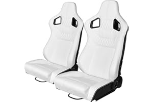 SEHAONOHOME Automotive Updated Racing Sports Seats for Cars, 2PCS Universal PVC Leather Reclinable Racing Bucket Seats with Dual Sliders, Whte with White Stitching