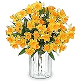 Arborus 15" Artificial Daffodil Bouquets Set of 3, Faux Narcissus Flowers with Green Leaves & Unbloomed Buds, Fake Yellow Flowers for Home & Office Decor (Vase Not Included)