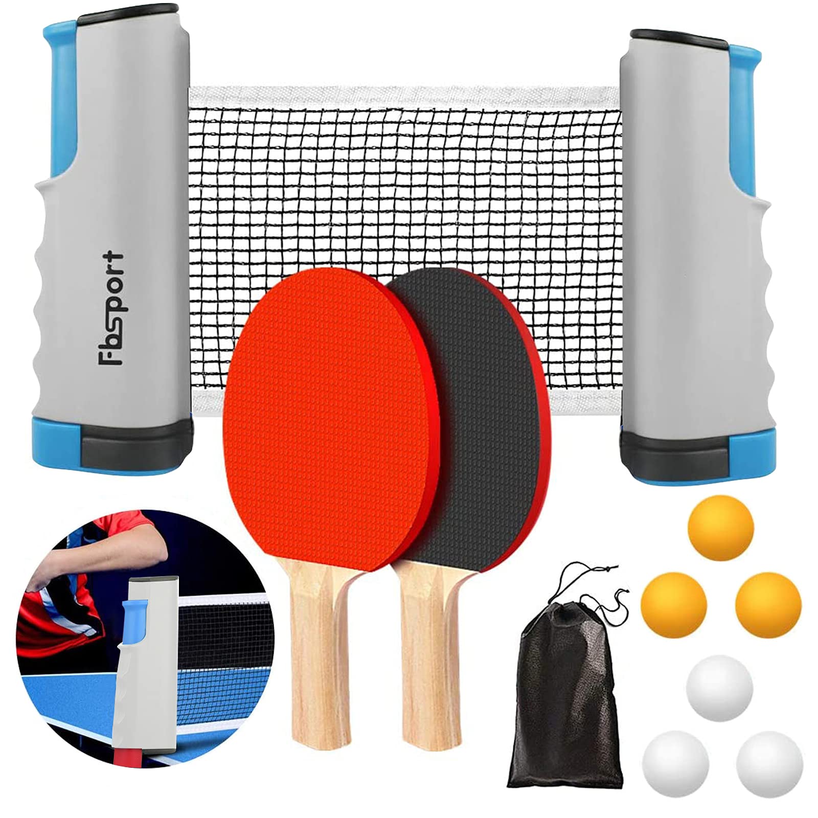FBSPORT Table Tennis Set, Ping Pong Bats Set with 2 Paddles, 1 Retractable Net, 6 Balls, 1 Carrying Bag, for Trainer Adults Families Indoor Outdoor